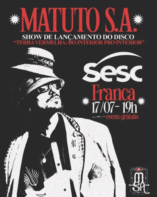 Cartaz em preto, branco e vermelho do show de lançamento de Terra Vermelha no Sesc Franca